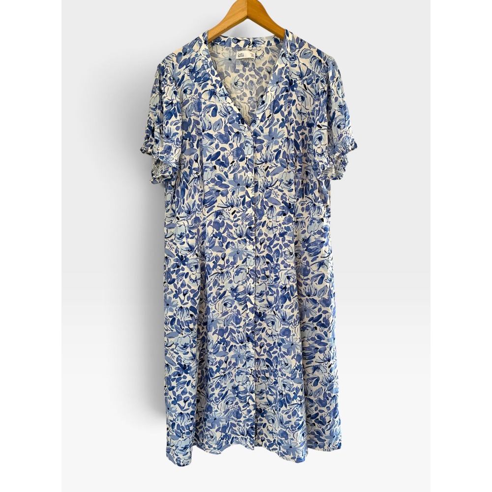 Croft & Barrow Blue Floral Button Front Midi Dress PXXL Pocket Flutter Sleeve